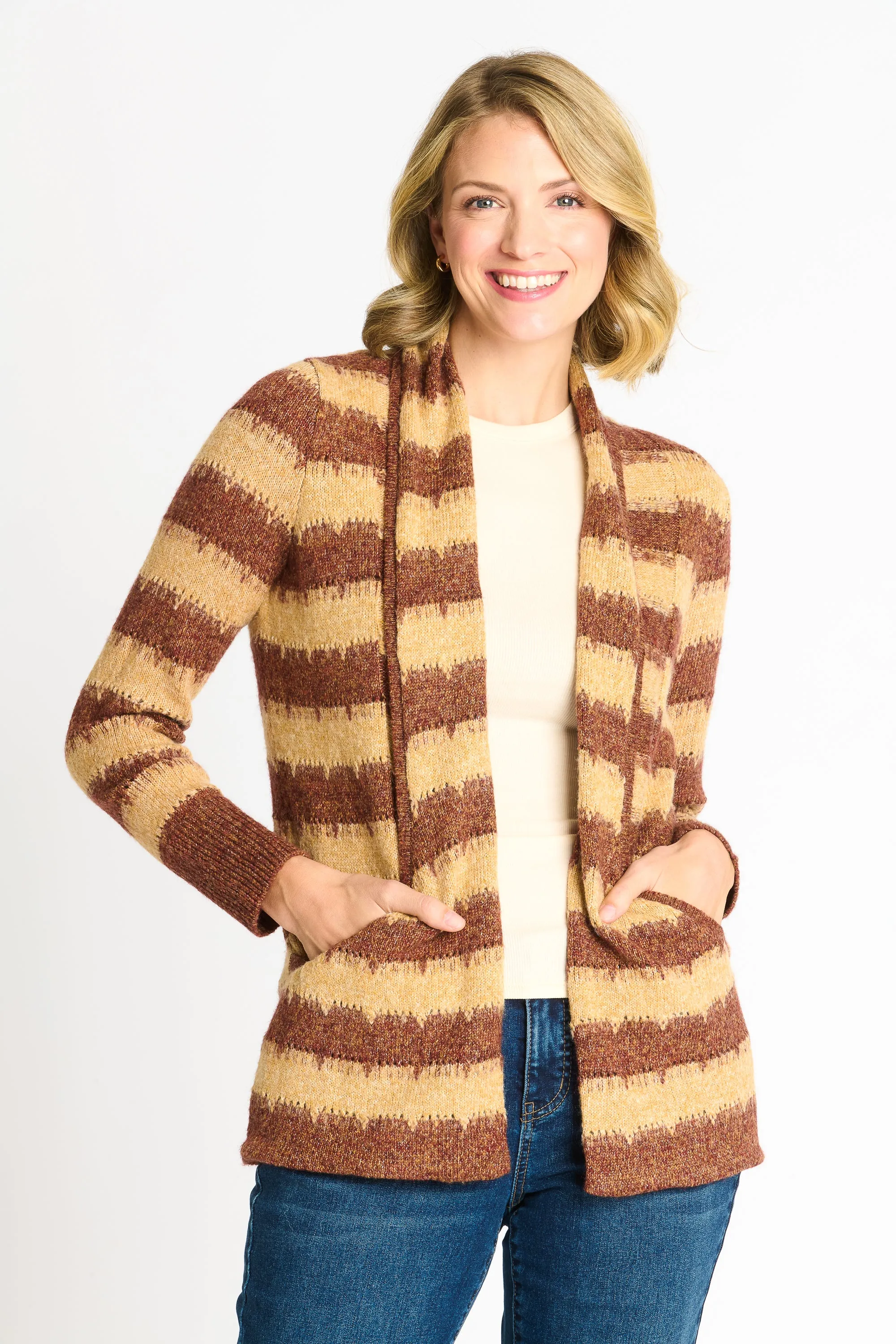 Wave Stripe J-Pocket Cardigan Sweater, Caramel Heather sold by Dress Barn product image thumbnail 3