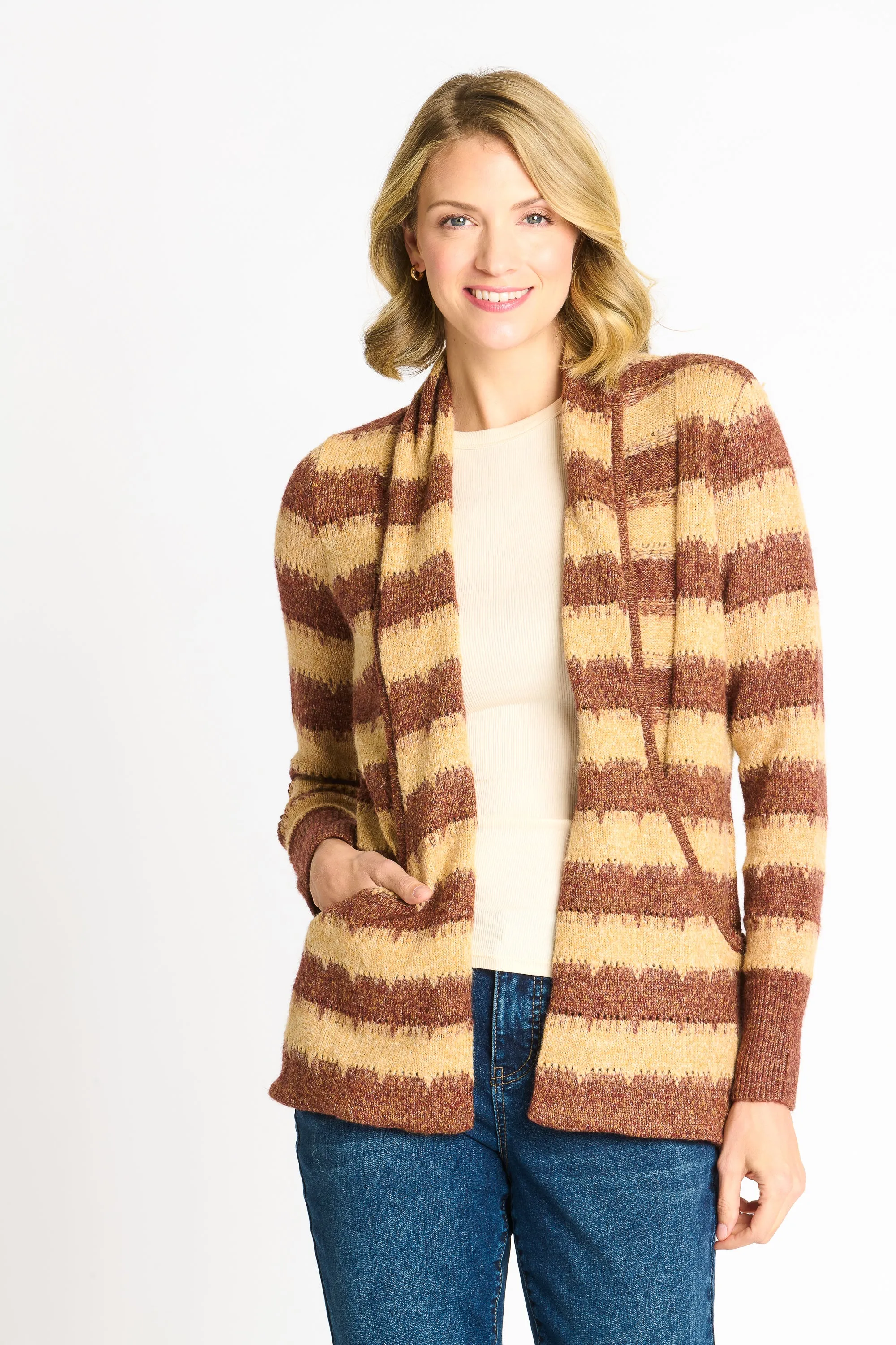 Wave Stripe J-Pocket Cardigan Sweater, Caramel Heather sold by Dress Barn product image thumbnail 5