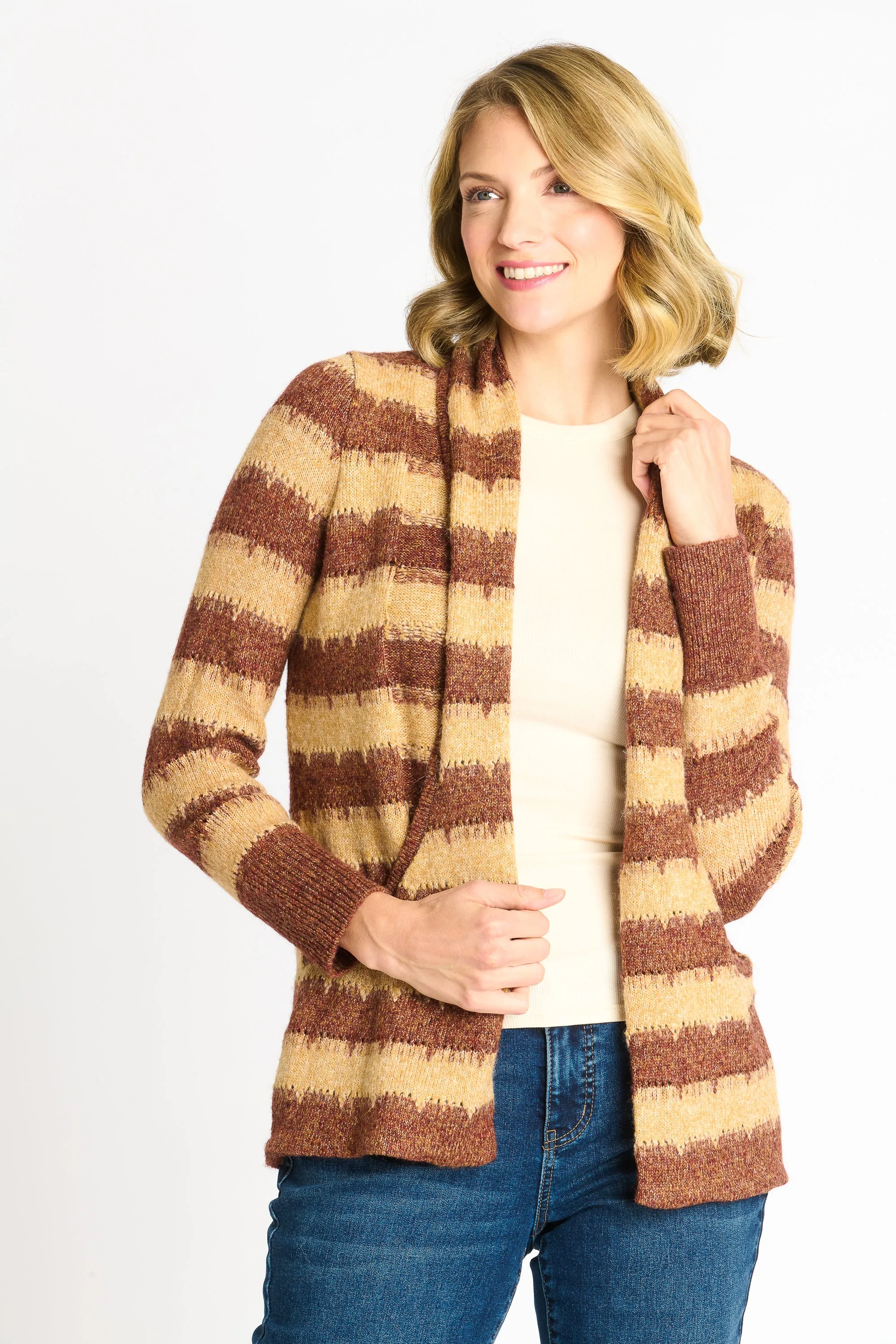 Wave Stripe J-Pocket Cardigan Sweater, Caramel Heather sold by Dress Barn product image thumbnail 4