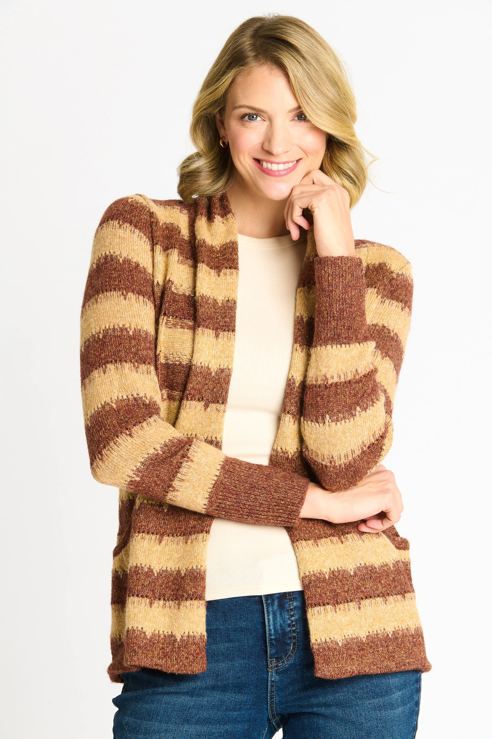 Wave Stripe J-Pocket Cardigan Sweater, Caramel Heather sold by Dress Barn product image thumbnail 2