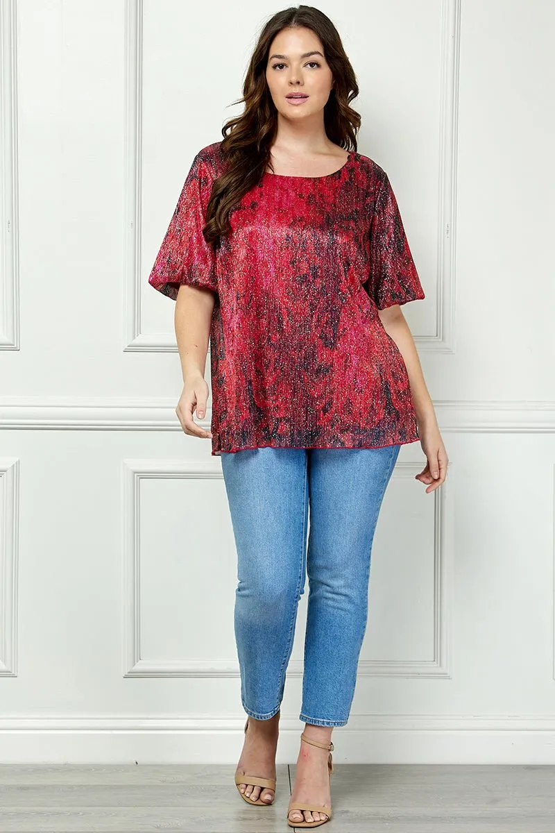 Short Puff Sleeve Scoop Neck Bubble Blouse- Blk/Burgundy/Red- Plus sold by Dress Barn product image thumbnail 2