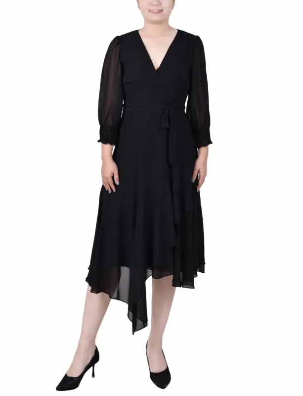 3/4 Length Sleeve Belted Chiffon Handkerchief Hem Dress - Petite sold by Dress Barn