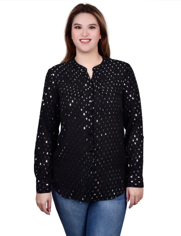 Long Roll Tab Sleeve Foil Dot Blouse sold by Dress Barn