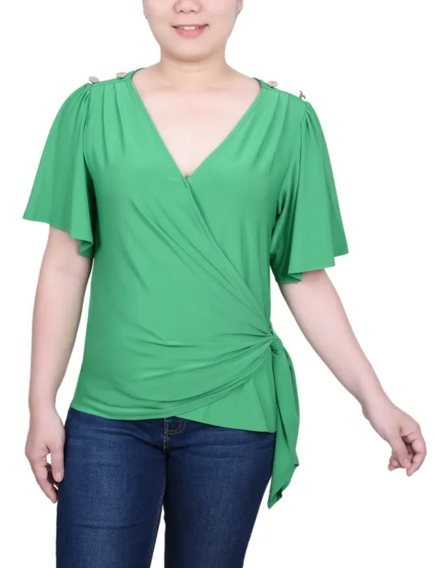 Short Sleeve Wrap Top - Petite sold by Dress Barn