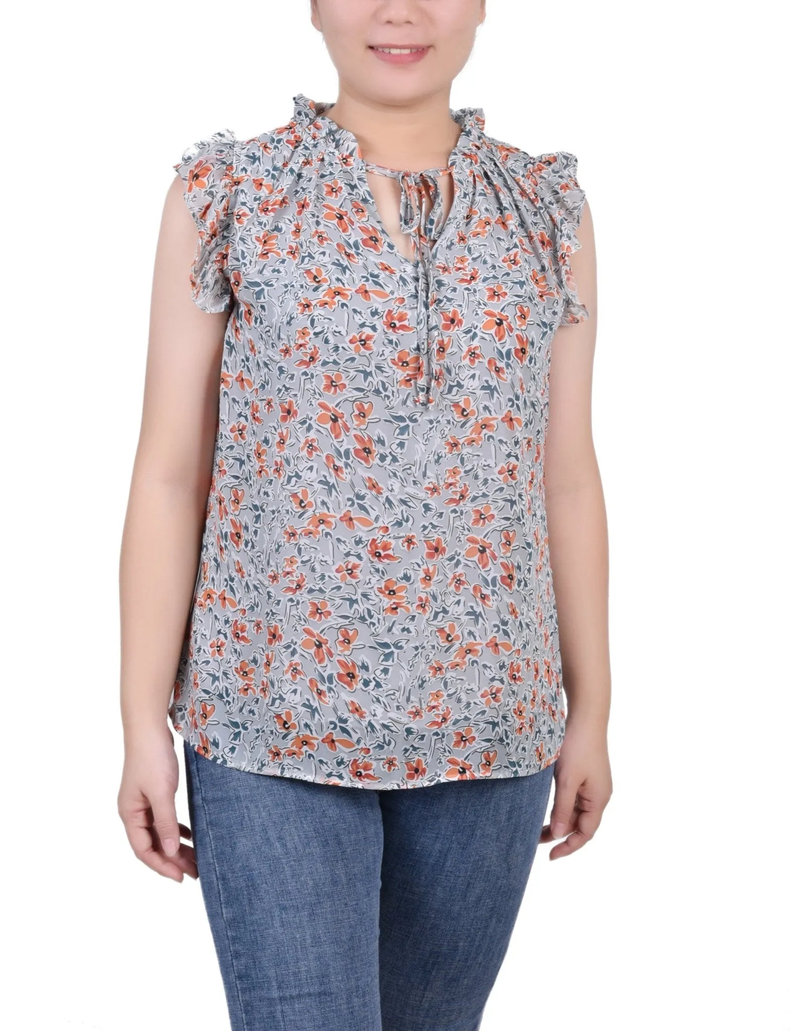 Ruffled Sleeve Blouse With Tie Closure - Petite sold by Dress Barn