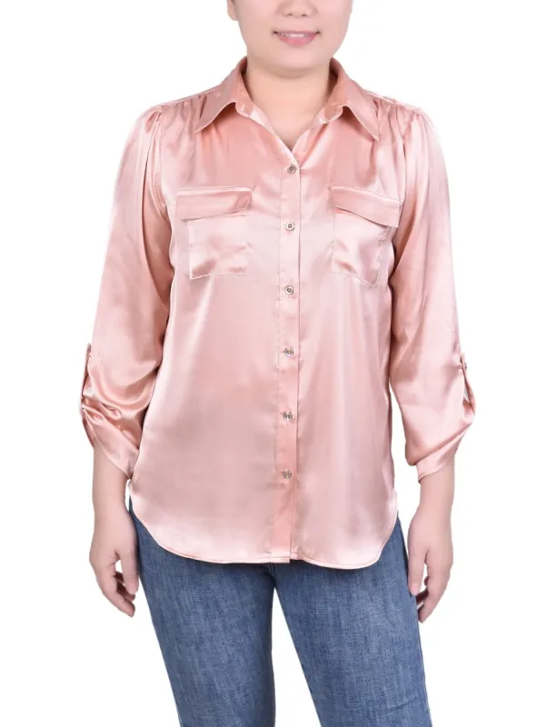 Tabbed Long Sleeve Satin Blouse - Petite sold by Dress Barn