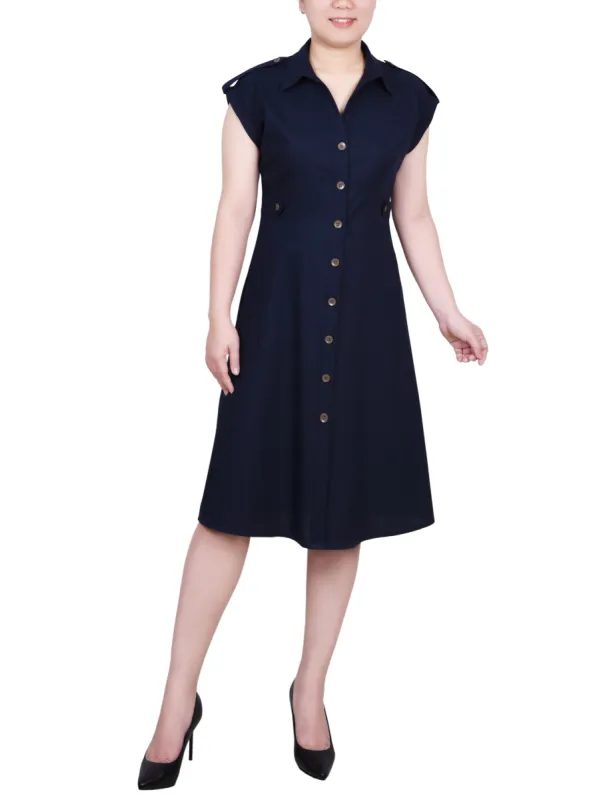 Short Sleeve Button Front Linen Dress - Petite sold by Dress Barn