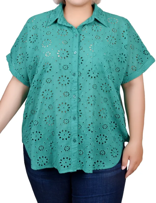 Short Sleeve Eyelet/Jersey Blouse - Plus sold by Dress Barn