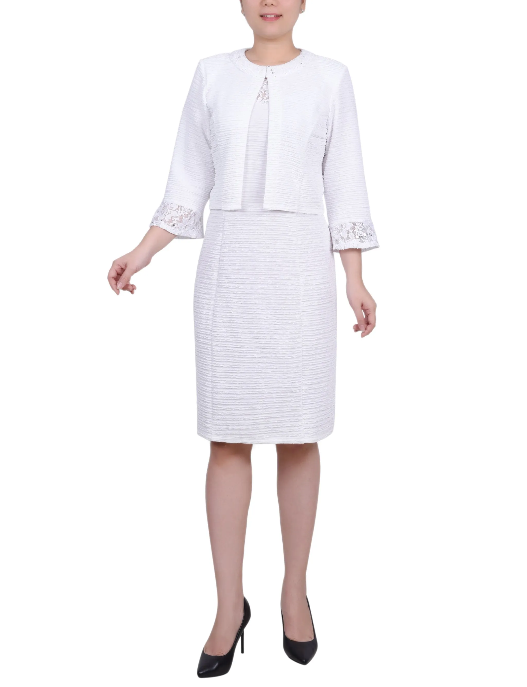 White Two Piece Novelty Knit and Lace Dress Set sold by Dress Barn