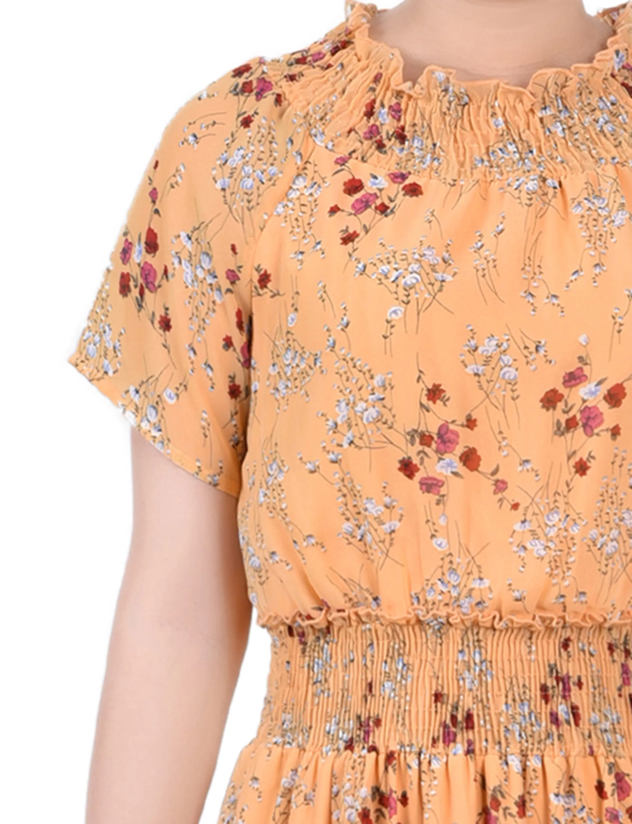 Gold Disty Floral Short Sleeve Smocked Waist Dress sold by Dress Barn product image thumbnail 4