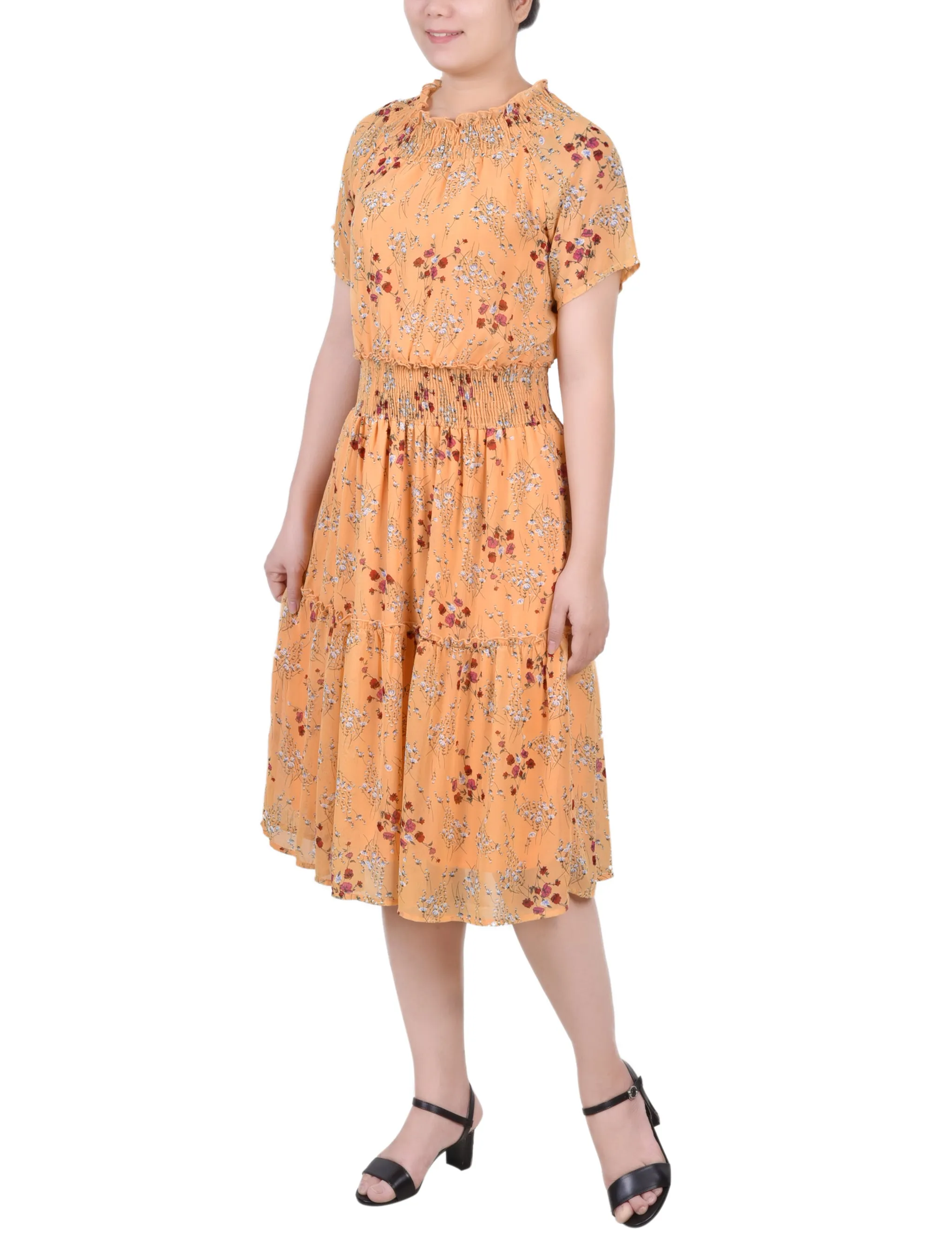 Gold Disty Floral Short Sleeve Smocked Waist Dress sold by Dress Barn product image thumbnail 2