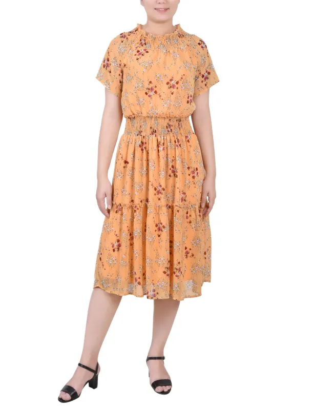Gold Disty Floral Short Sleeve Smocked Waist Dress sold by Dress Barn
