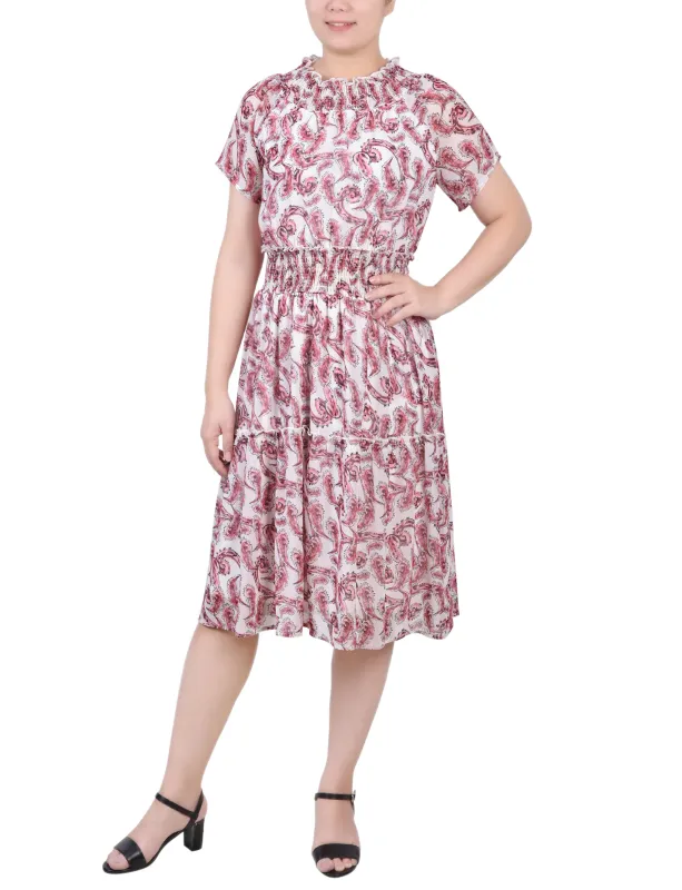 Burgundy Paisley Floral Short Sleeve Smocked Waist Dress sold by Dress Barn