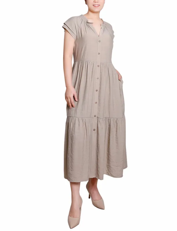 Khaki Short Sleeve Slubbed Midi Dress sold by Dress Barn