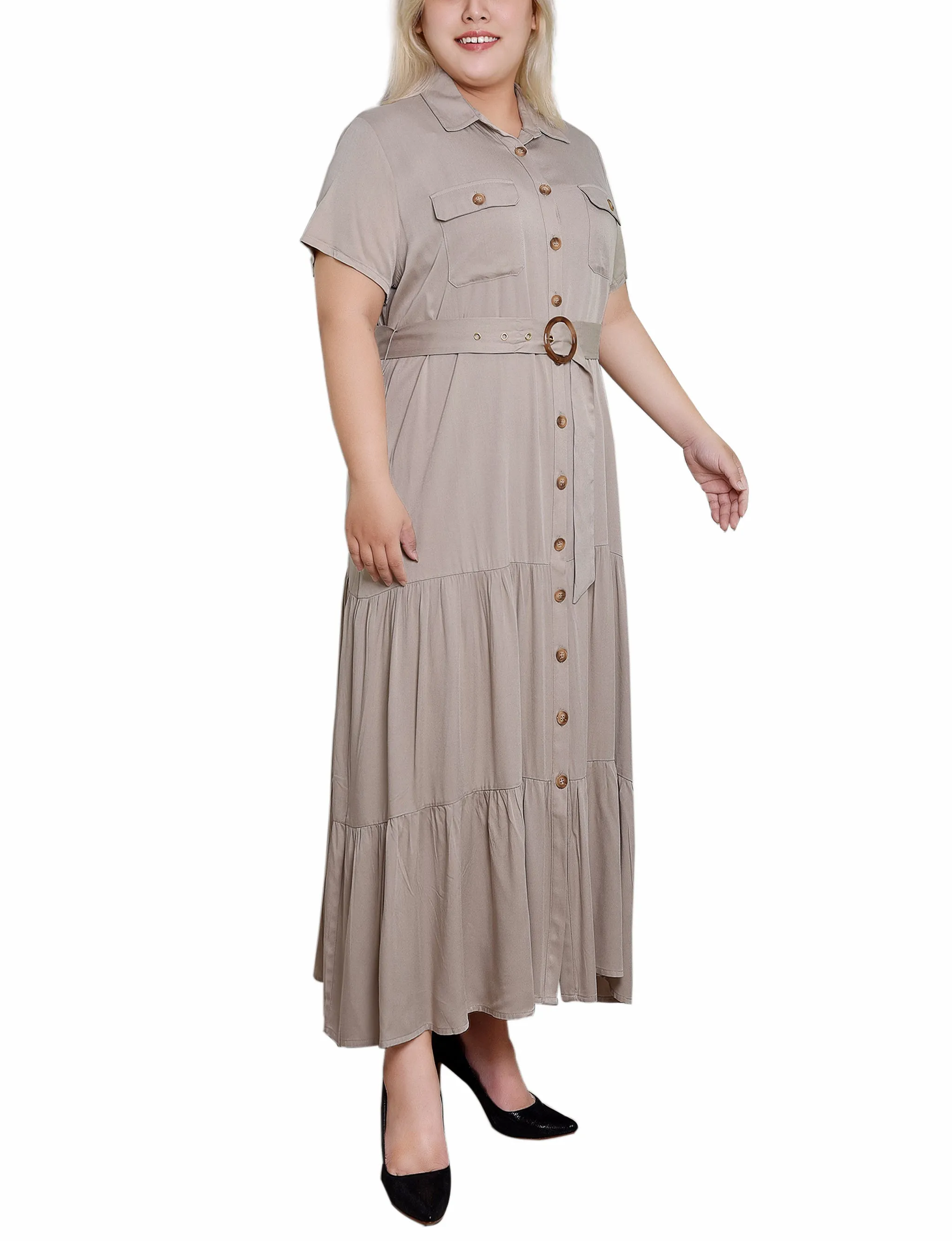 Plaza Taupe Short Sleeve Midi Twill Dress - Plus sold by Dress Barn product image thumbnail 2