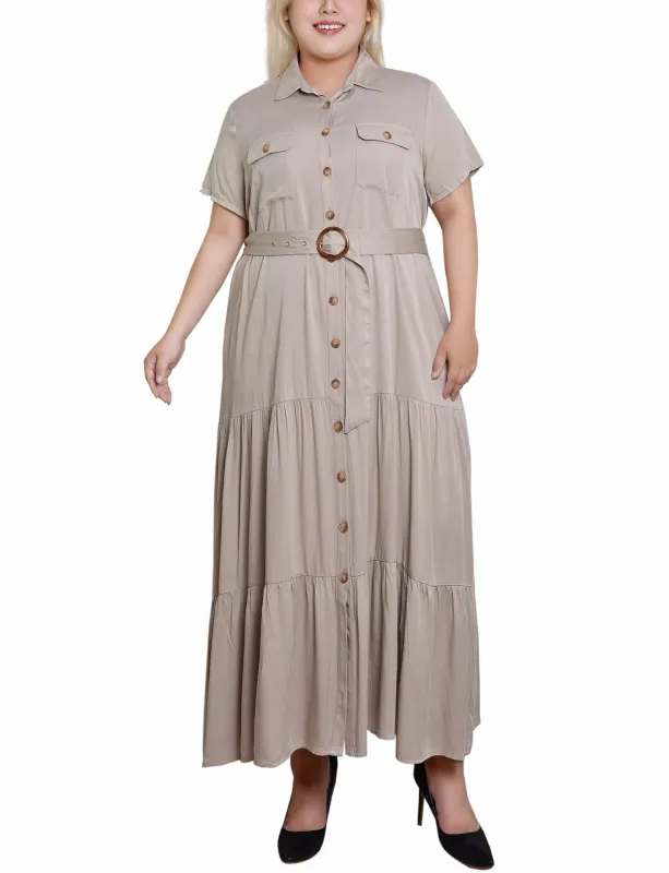 Plaza Taupe Short Sleeve Midi Twill Dress - Plus sold by Dress Barn
