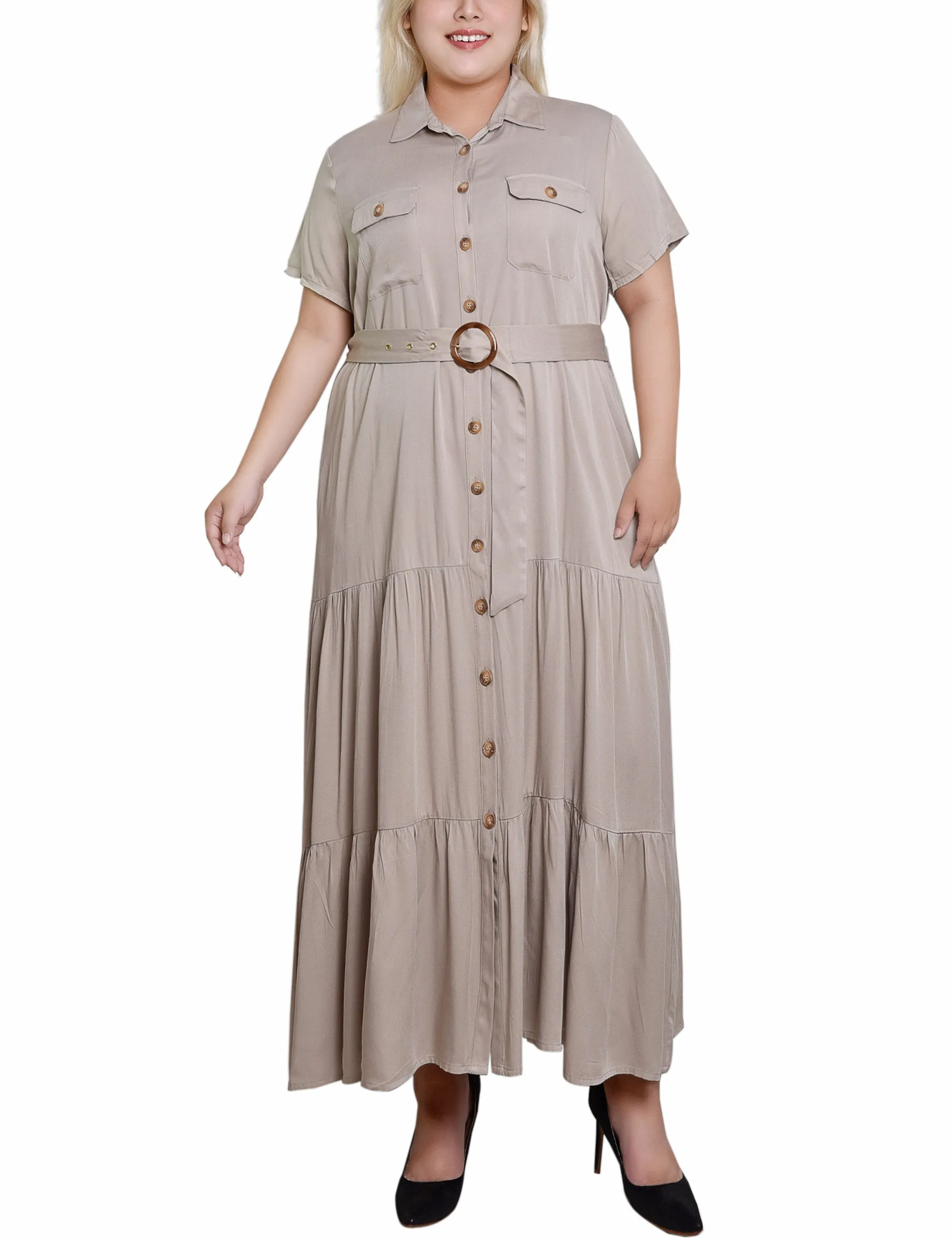 Plaza Taupe Short Sleeve Midi Twill Dress - Plus sold by Dress Barn