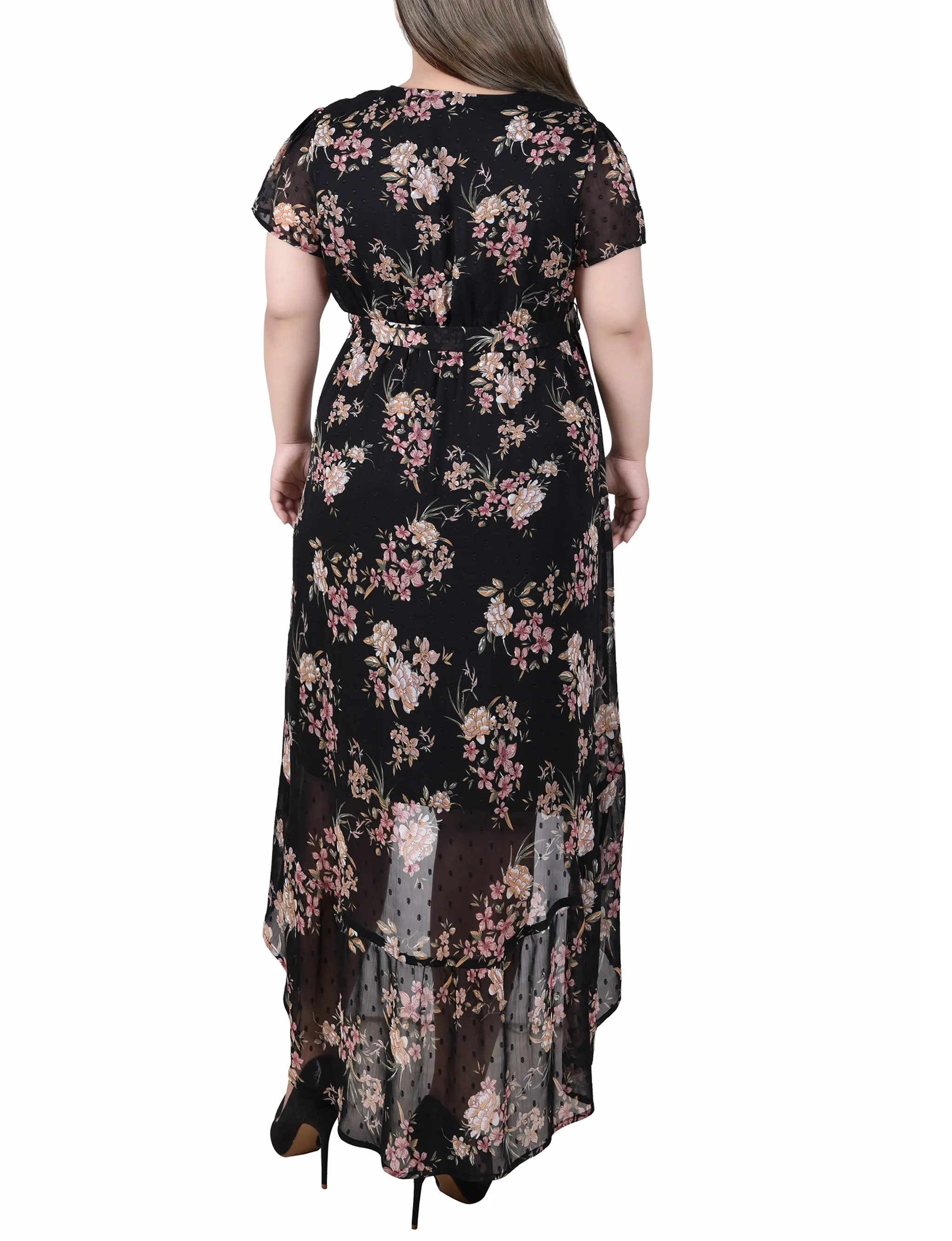 Black Mauve Floral Short Sleeve Hankerchief Hem Chiffon Dress - Plus sold by Dress Barn product image thumbnail 3