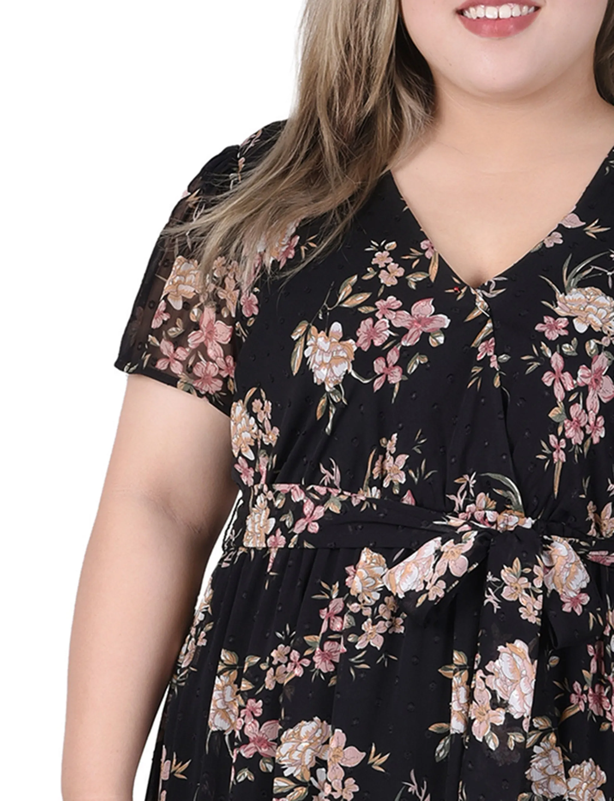 Black Mauve Floral Short Sleeve Hankerchief Hem Chiffon Dress - Plus sold by Dress Barn product image thumbnail 4