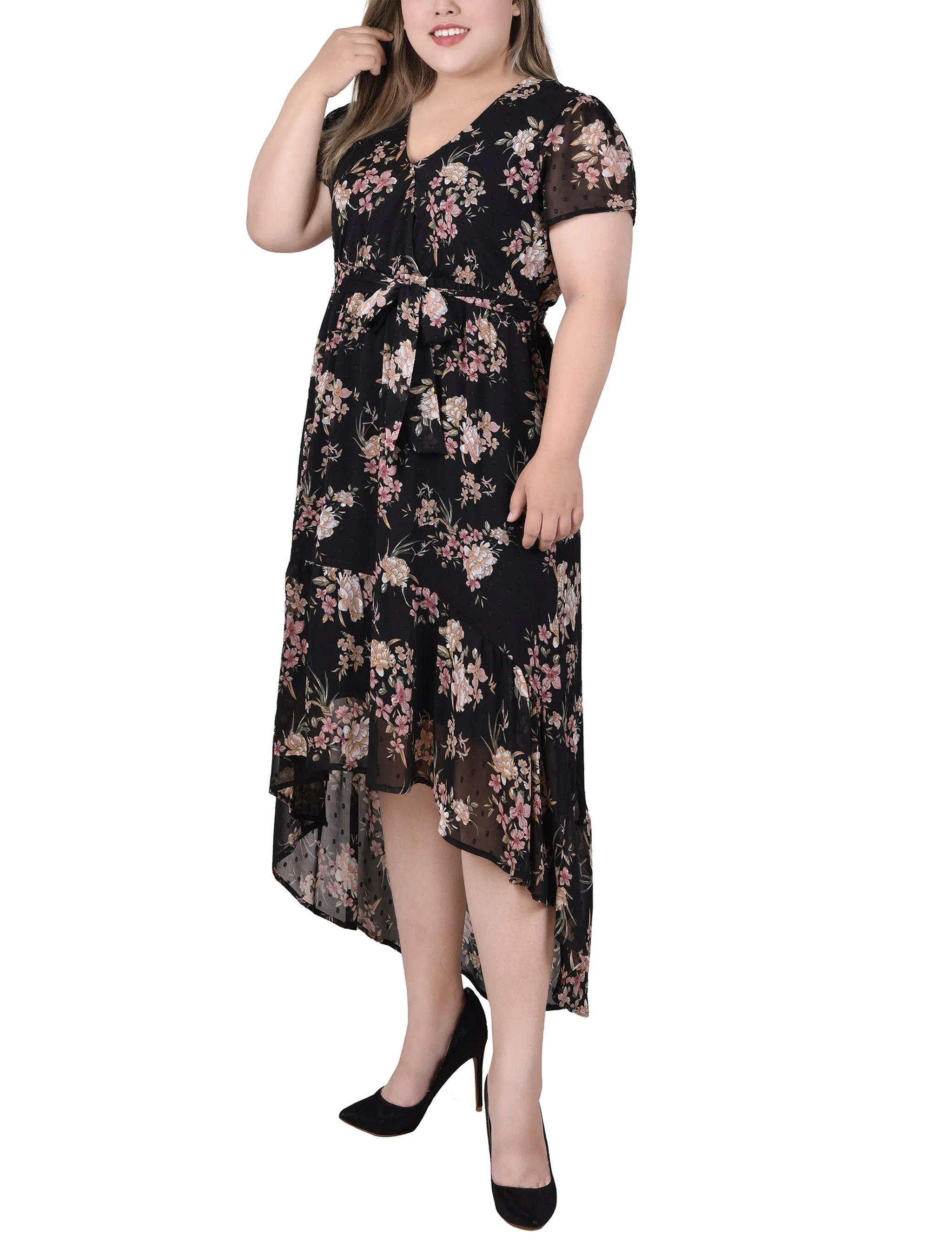 Black Mauve Floral Short Sleeve Hankerchief Hem Chiffon Dress - Plus sold by Dress Barn product image thumbnail 2