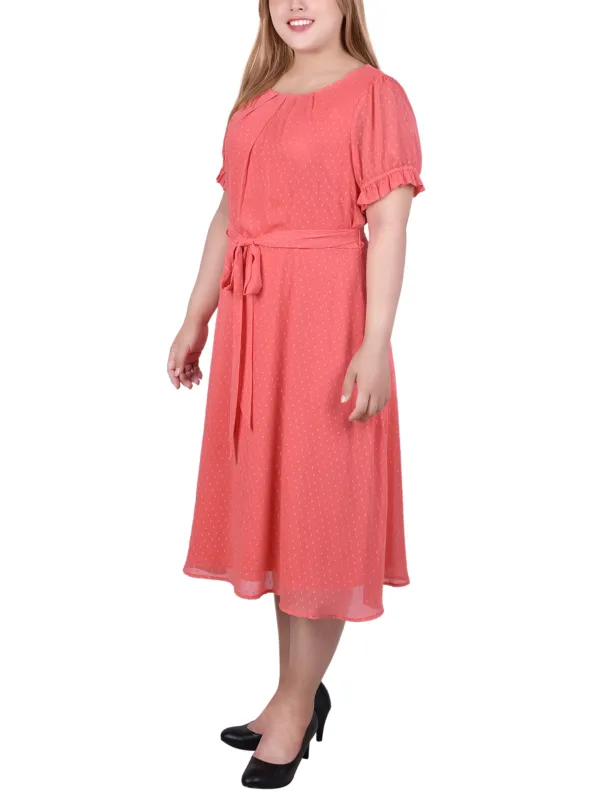 Spiced Coral Rectangle Short Sleeve Belted Swiss Dot Dress - Plus sold by Dress Barn