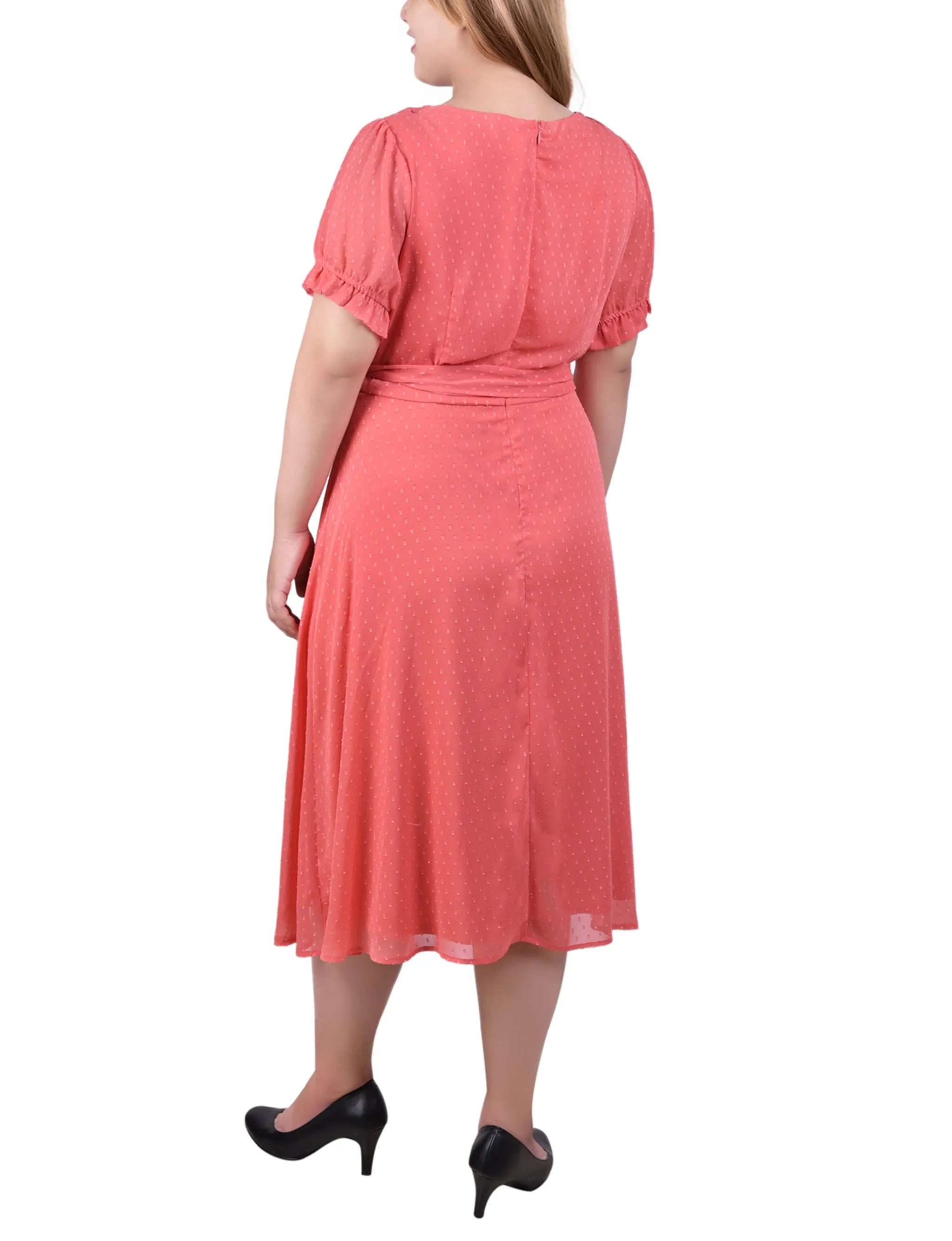 Spiced Coral Rectangle Short Sleeve Belted Swiss Dot Dress - Plus sold by Dress Barn product image thumbnail 3
