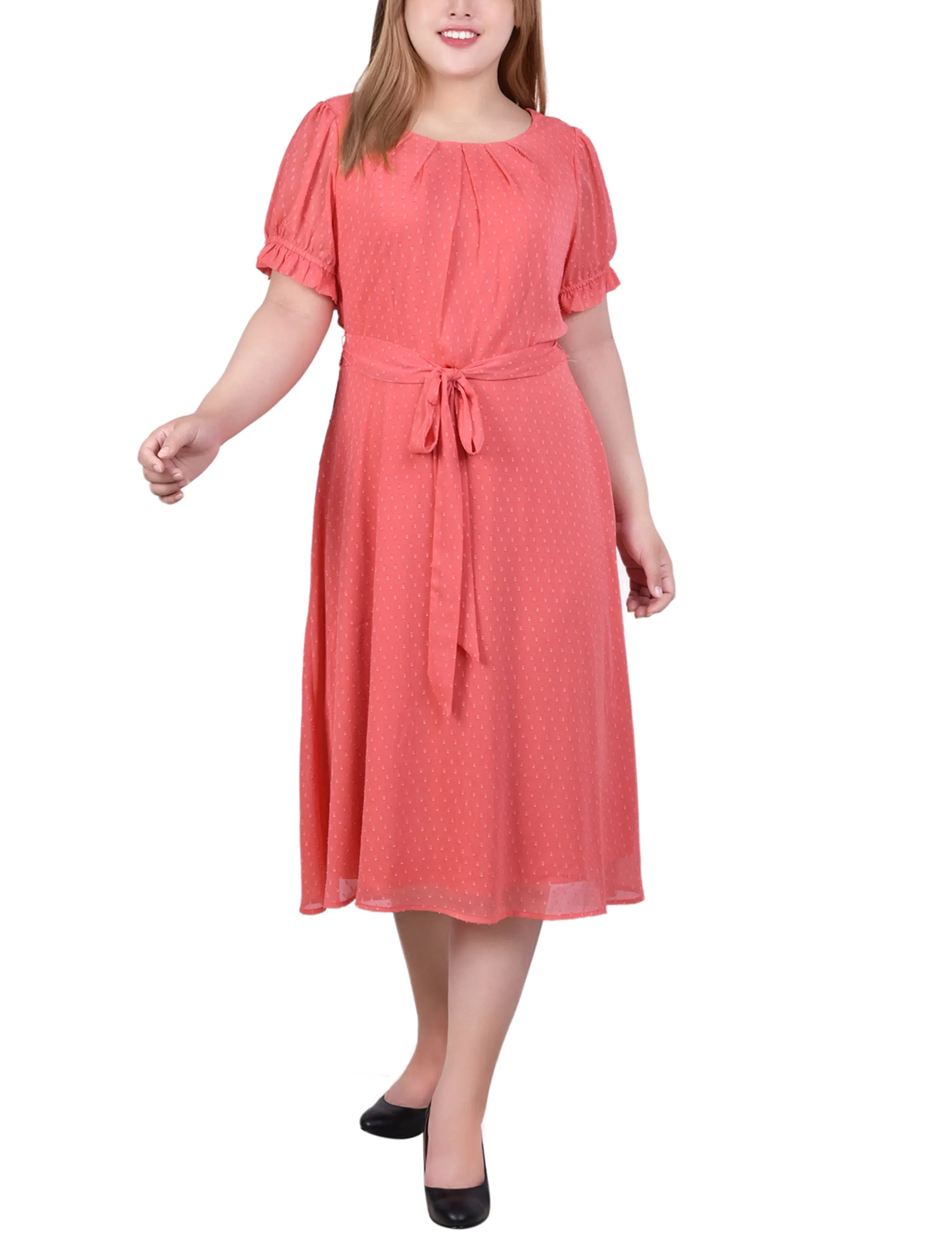 Spiced Coral Rectangle Short Sleeve Belted Swiss Dot Dress - Plus sold by Dress Barn product image thumbnail 2
