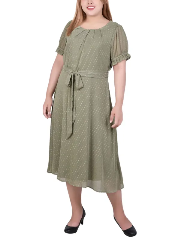 Oil Green Rectangle Short Sleeve Belted Swiss Dot Dress - Plus sold by Dress Barn