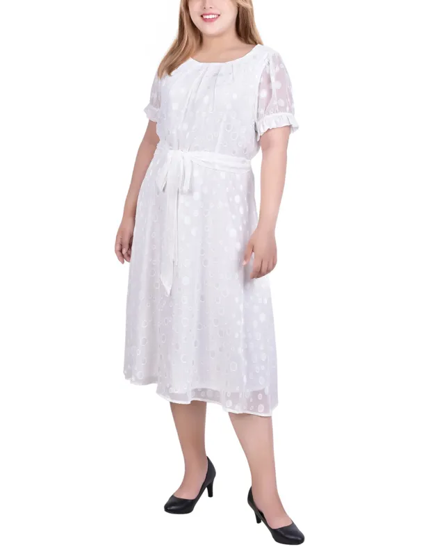 Ivory Multi Circle Short Sleeve Belted Swiss Dot Dress - Plus sold by Dress Barn