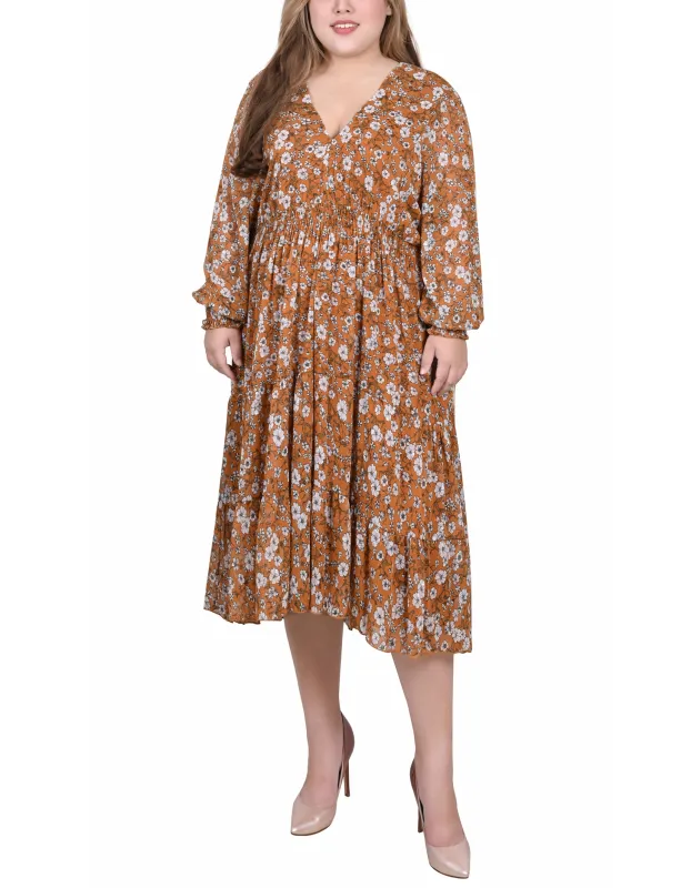 Mustard Floral Long Sleeve Clip Dot Chiffon Dress With Smocked Waist and Cuffs - Plus sold by Dress Barn