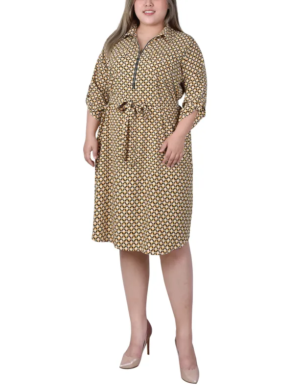 Yellow White Black Diamond 3/4 Roll Tab Sleeve Zippered Shirtdress - Plus sold by Dress Barn