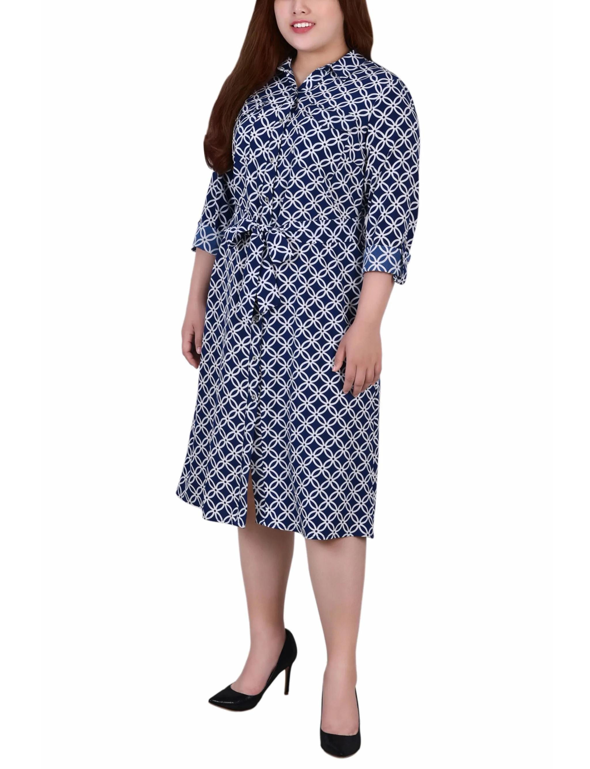 Navy Iconic 3/4 Roll Tab Sleeve Belted Shirtdress - Plus sold by Dress Barn