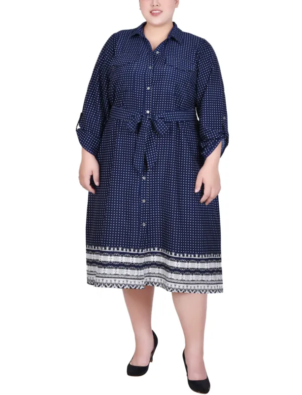 Navy Border 3/4 Roll Tab Sleeve Belted Shirtdress - Plus sold by Dress Barn