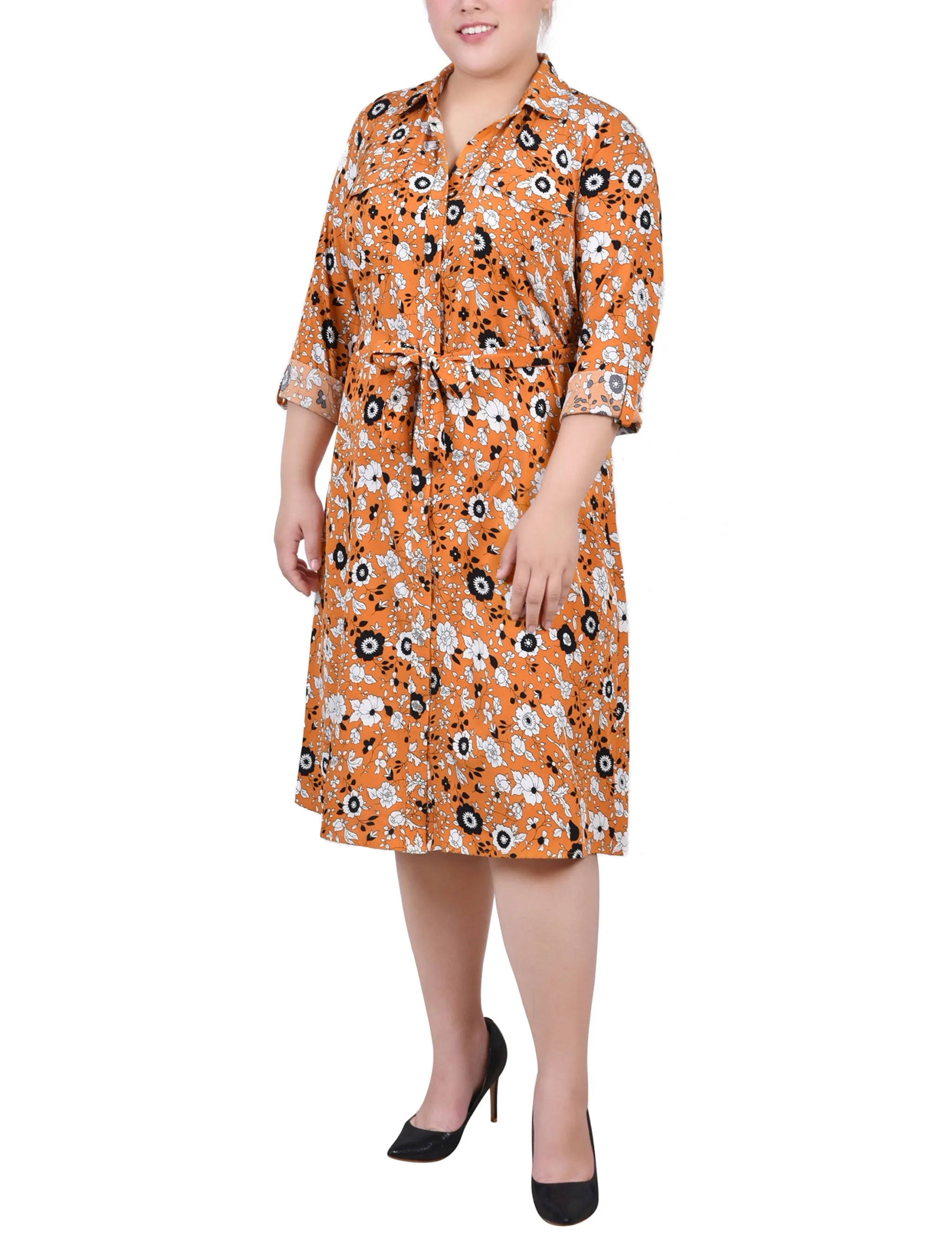 Mustard Black Floral 3/4 Roll Tab Sleeve Belted Shirtdress - Plus sold by Dress Barn