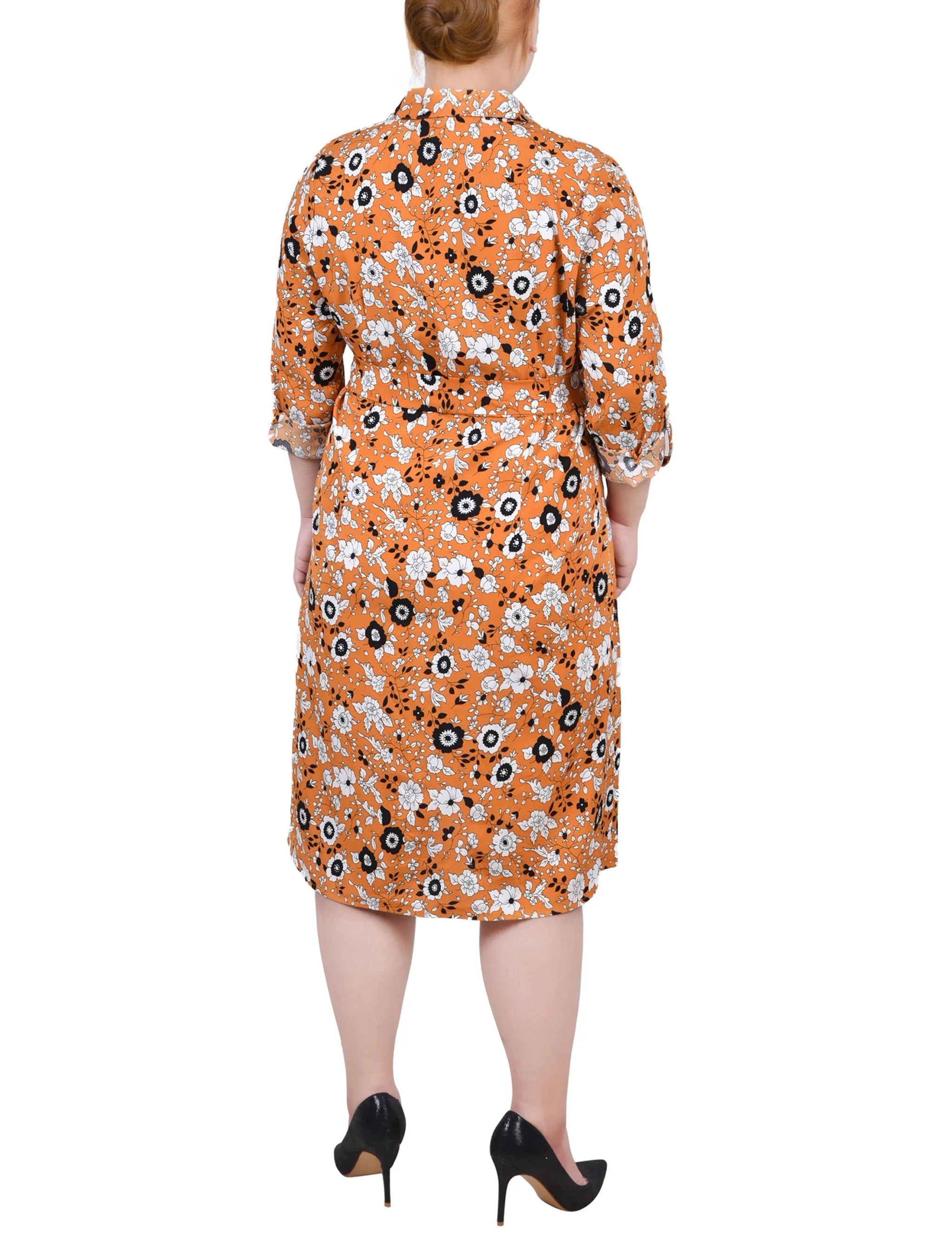 Mustard Black Floral 3/4 Roll Tab Sleeve Belted Shirtdress - Plus sold by Dress Barn product image thumbnail 3