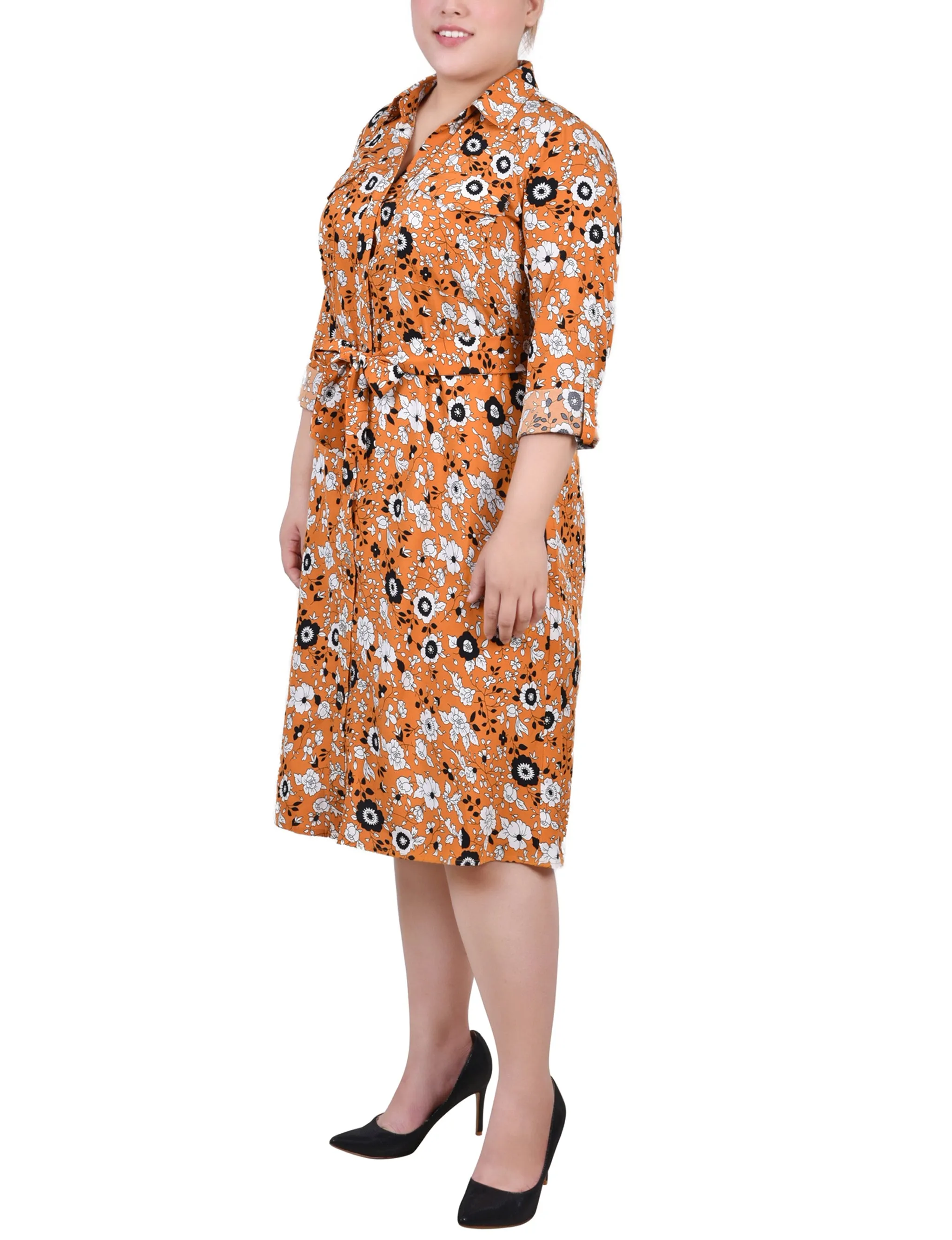 Mustard Black Floral 3/4 Roll Tab Sleeve Belted Shirtdress - Plus sold by Dress Barn product image thumbnail 2