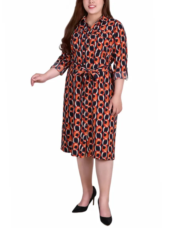 Circle Chain 3/4 Roll Tab Sleeve Belted Shirtdress - Plus sold by Dress Barn