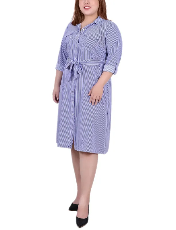 Blue Tortorella 3/4 Roll Tab Sleeve Belted Shirtdress - Plus sold by Dress Barn