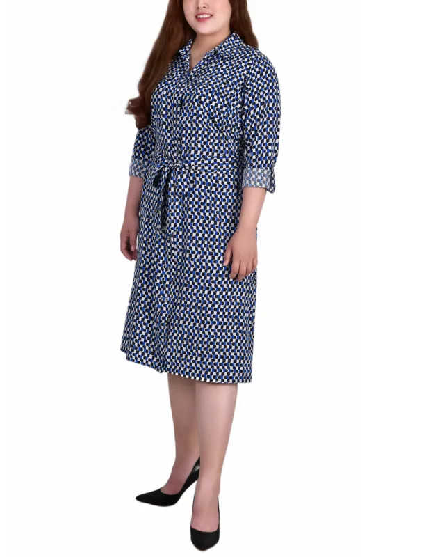 Blue Black White Geo 3/4 Roll Tab Sleeve Belted Shirtdress - Plus sold by Dress Barn