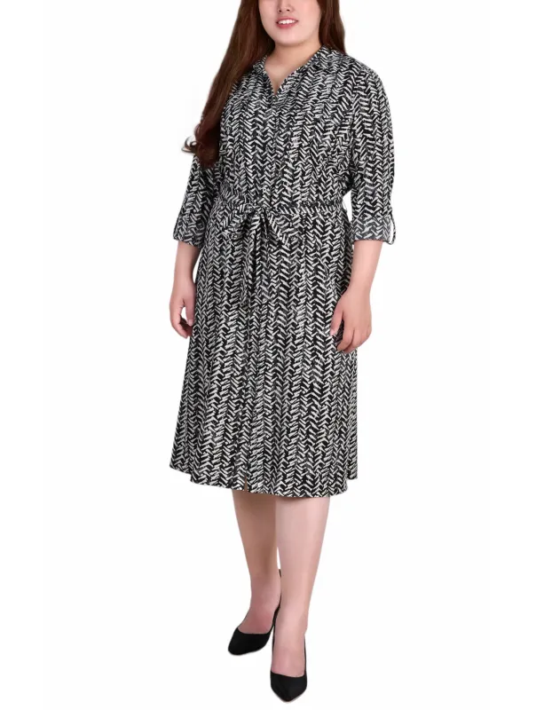 Black White Zig Zag 3/4 Roll Tab Sleeve Belted Shirtdress - Plus sold by Dress Barn