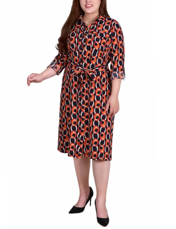 Black Red Circle Chain 3/4 Roll Tab Sleeve Belted Shirtdress - Plus sold by Dress Barn