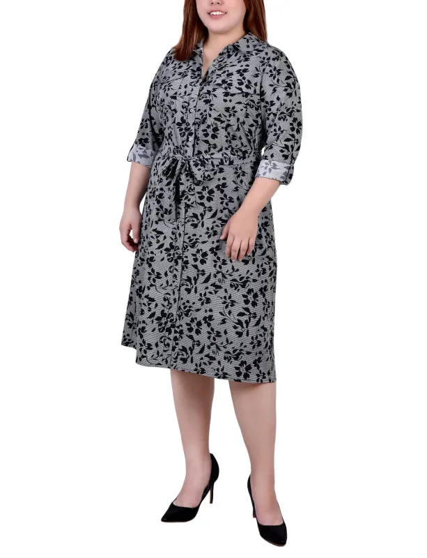 Black Houndstooth Floral 3/4 Roll Tab Sleeve Belted Shirtdress - Plus sold by Dress Barn