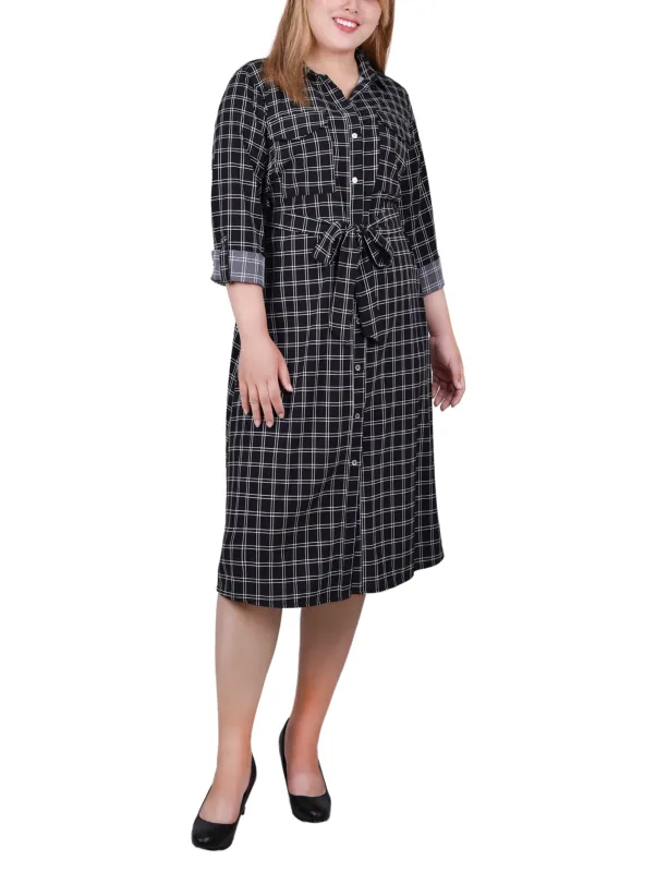 Black Gridview 3/4 Roll Tab Sleeve Belted Shirtdress - Plus sold by Dress Barn