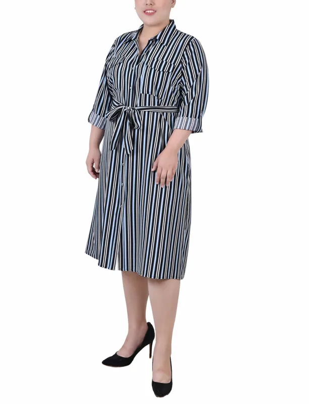 Black Blue Ivory Stripe 3/4 Roll Tab Sleeve Belted Shirtdress - Plus sold by Dress Barn