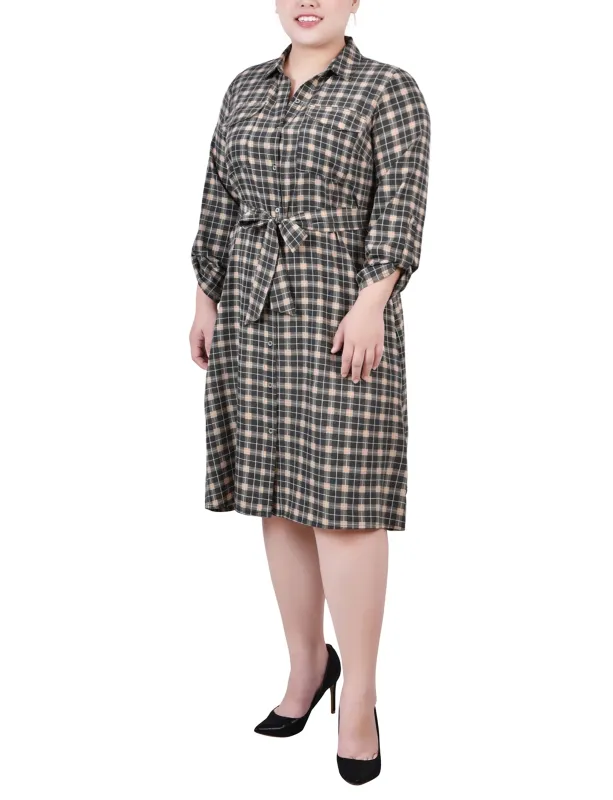 Beige Jet Benplaid 3/4 Roll Tab Sleeve Belted Shirtdress - Plus sold by Dress Barn