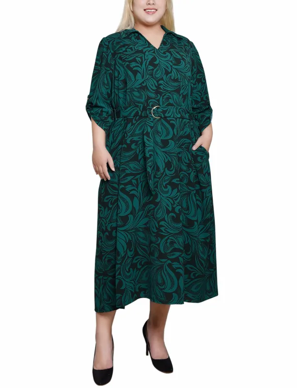 Emerald Multi 3/4 Roll Tab Belted Dress - Plus sold by Dress Barn