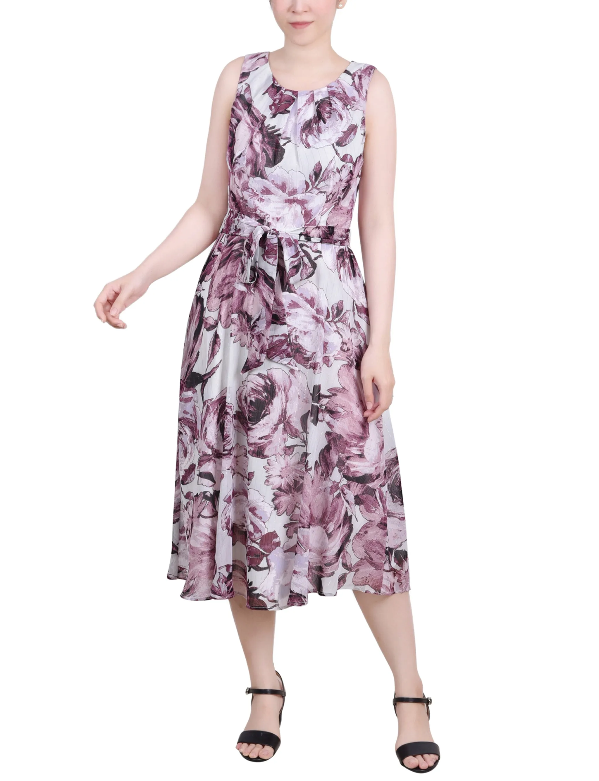 Sage Mauve Floral Sleeveless Chiffon Belted Dress - Petite sold by Dress Barn