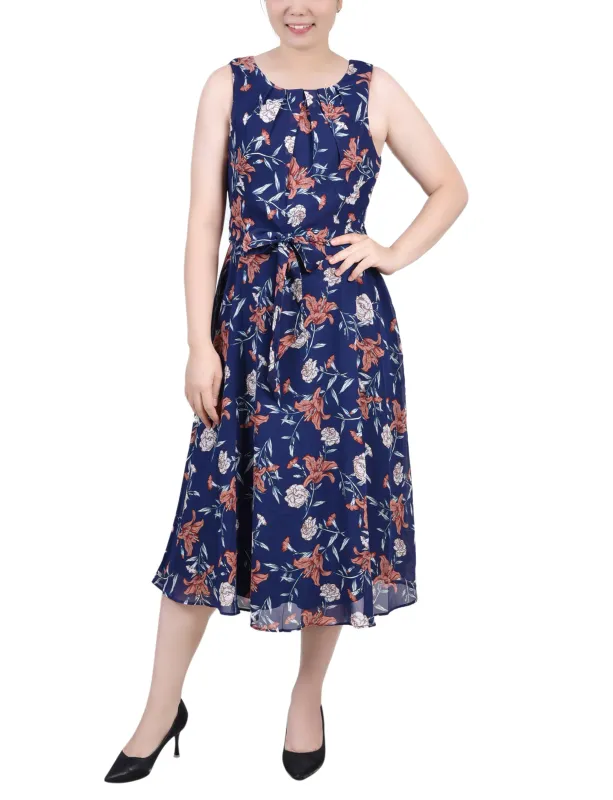 Navy Floral Sleeveless Chiffon Belted Dress - Petite sold by Dress Barn