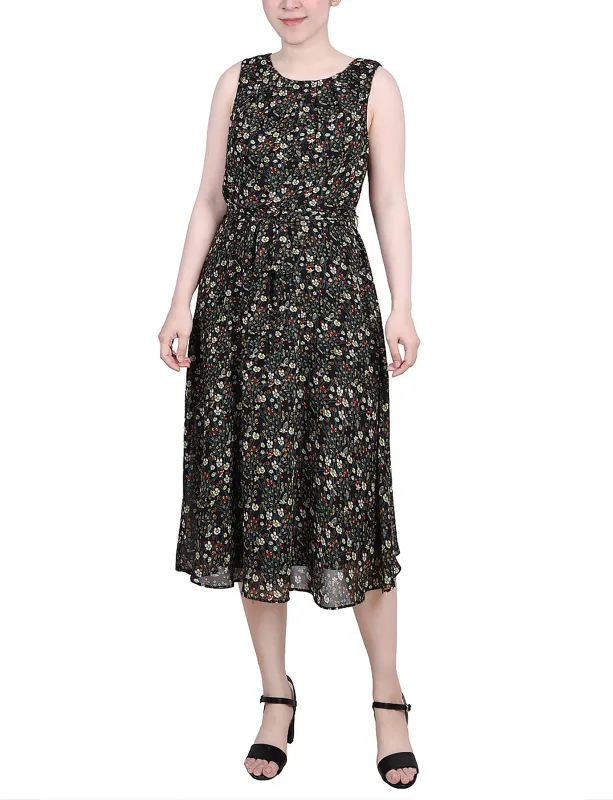 Black Ditsy Floral Sleeveless Chiffon Belted Dress - Petite sold by Dress Barn