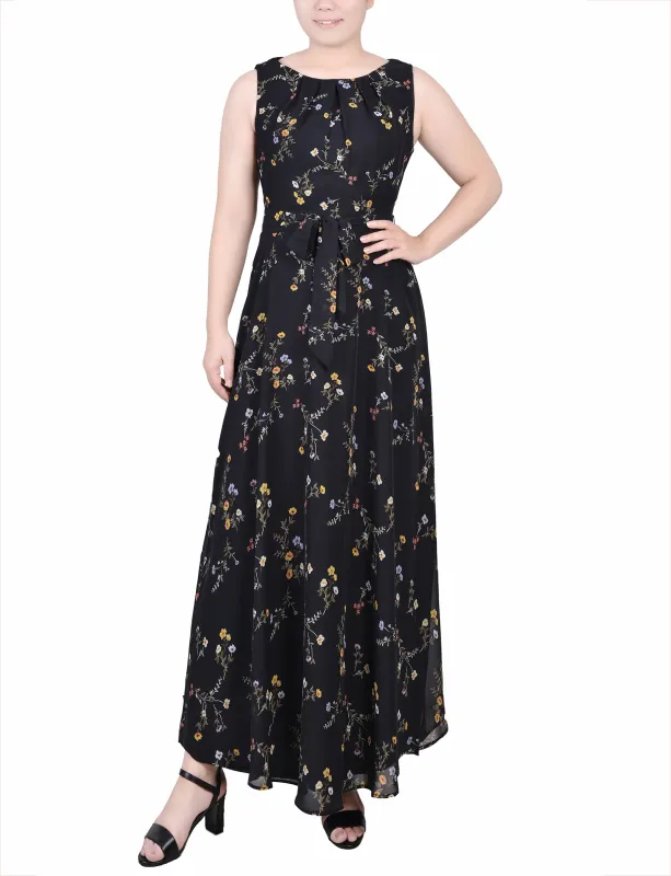 Black Must Vine Sleeveless Belted Chiffon Maxi Dress - Petite sold by Dress Barn